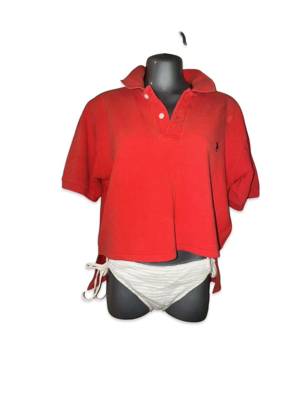 Ralph Lauren Crop Top Red Mesh Polo Shirt 100% Cotton Sz Woman’s L